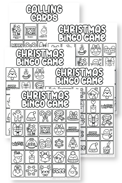 Kawaii Christmas bingo game sheet with a grid of festive doodles—cookies, presents, tree, sweater, candy canes—perfect holiday party activity.