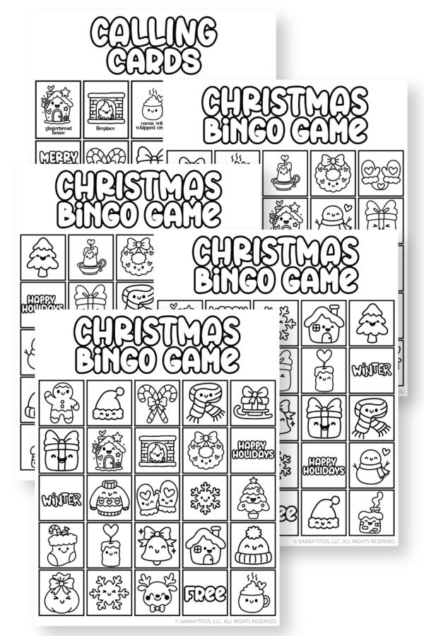 Kawaii Christmas bingo game sheet with a grid of festive doodles—cookies, presents, tree, sweater, candy canes—perfect holiday party activity.