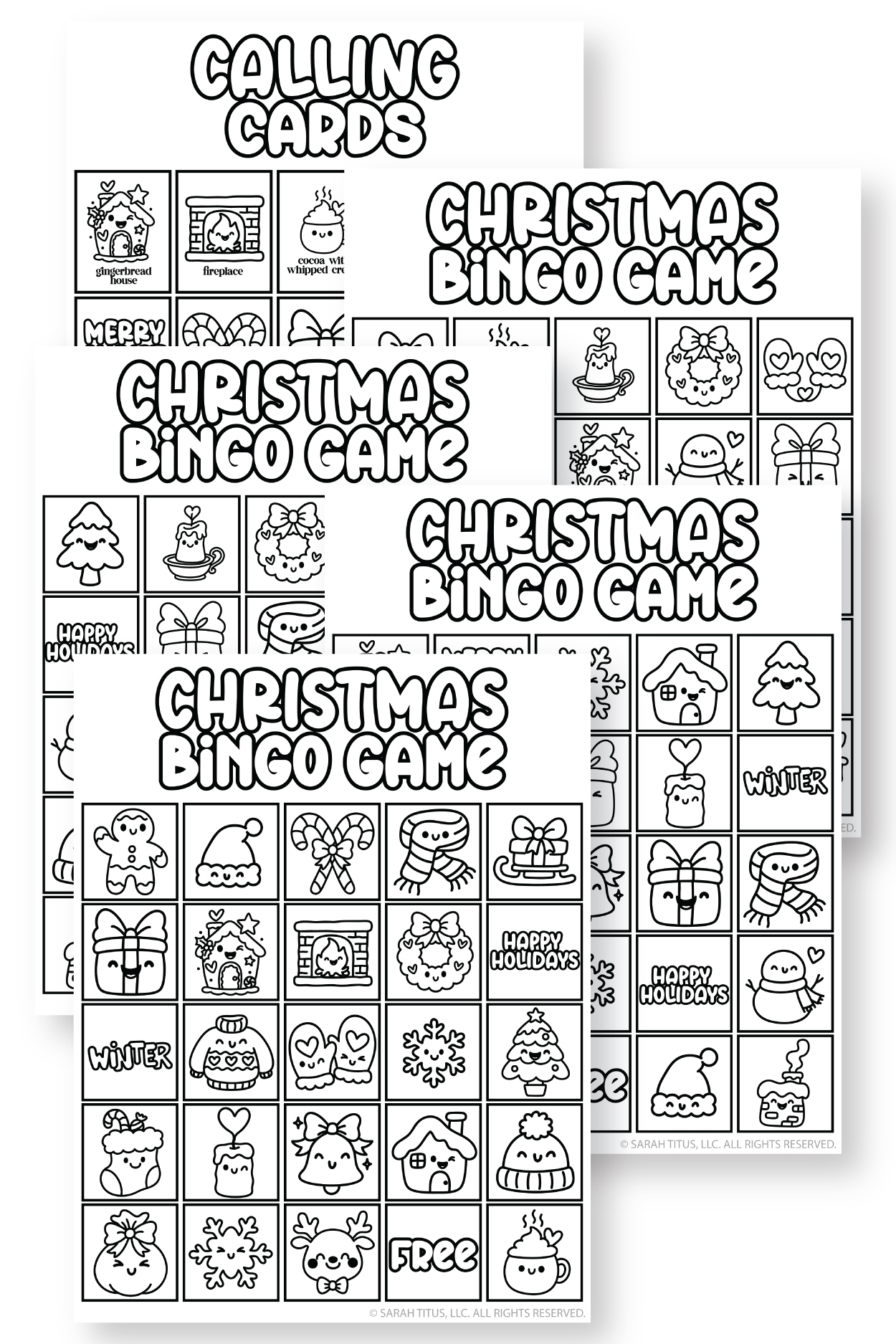Kawaii Christmas bingo game sheet with a grid of festive doodles—cookies, presents, tree, sweater, candy canes—perfect holiday party activity.