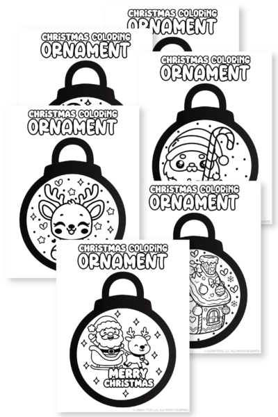 Super cute printable Christmas coloring ornaments page with kawaii ornament designs for kids to color and cut out.