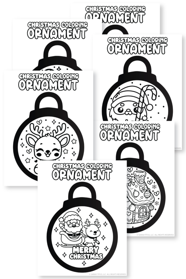 Super cute printable Christmas coloring ornaments page with kawaii ornament designs for kids to color and cut out.