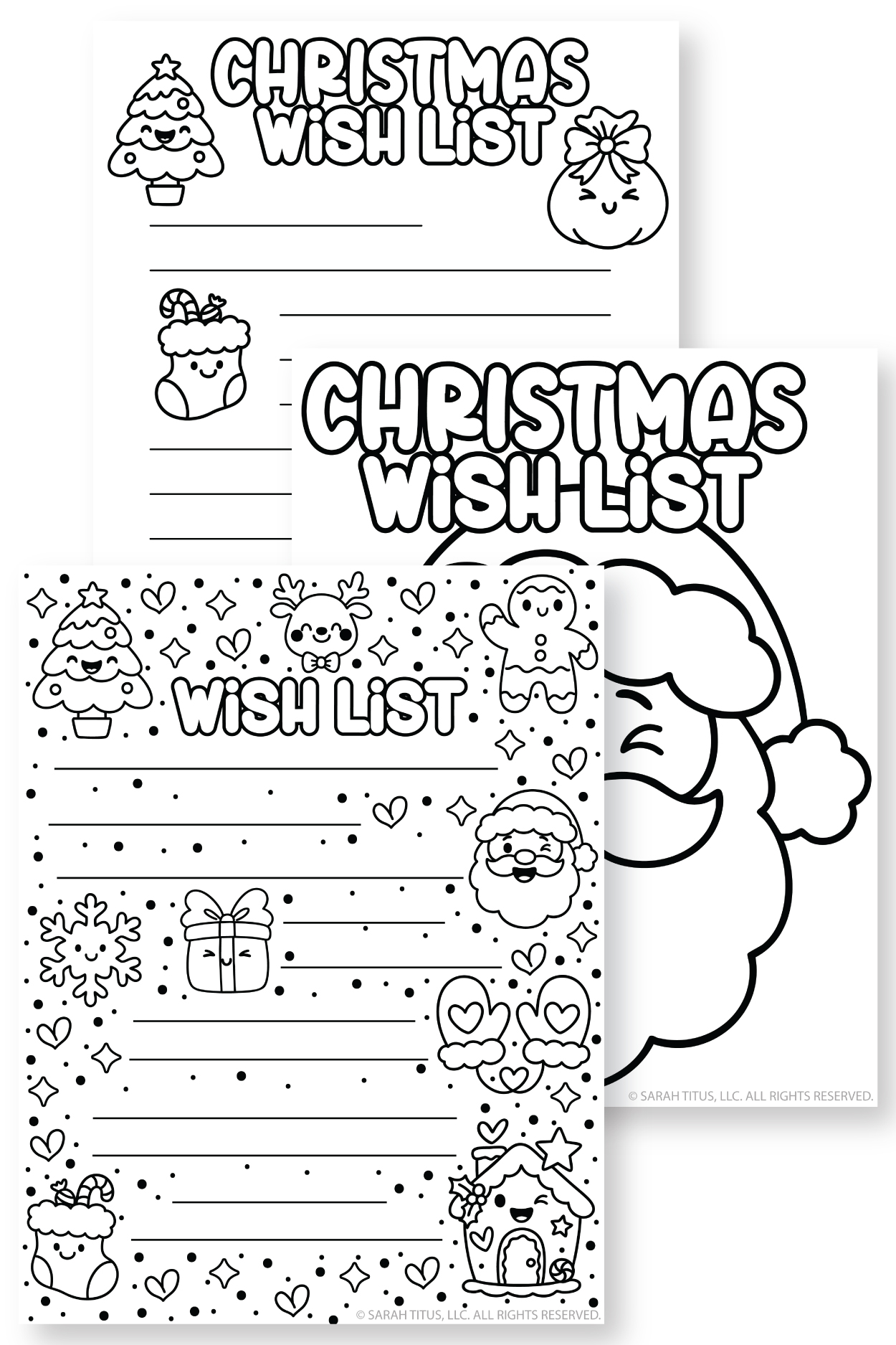 kawaii christmas wish list worksheet for children, simple festive layout they can color and use to plan their holiday gifts