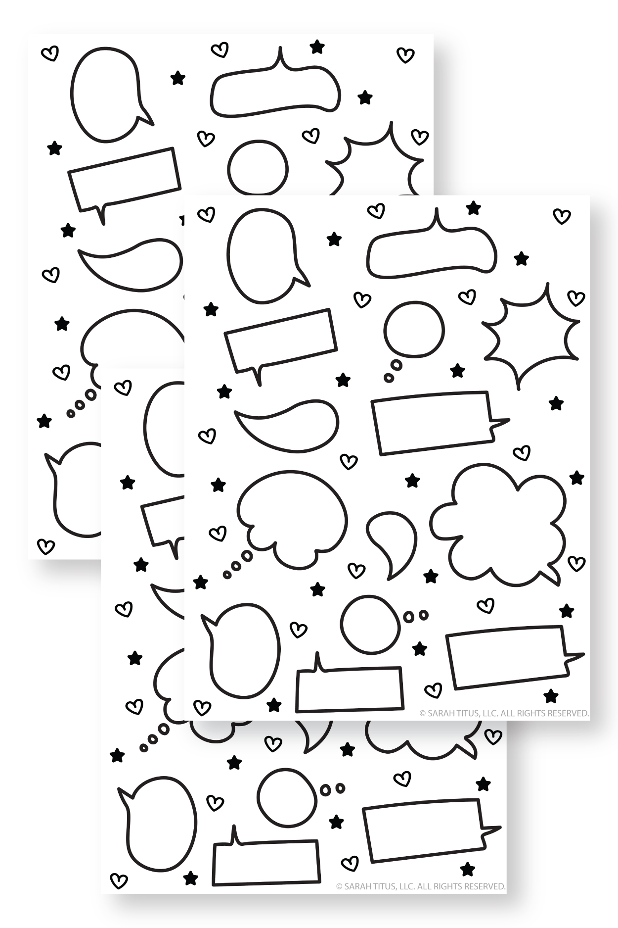 Cute comic speech bubble and thought bubble planner stickers in simple outline style for journaling and scrapbooking.