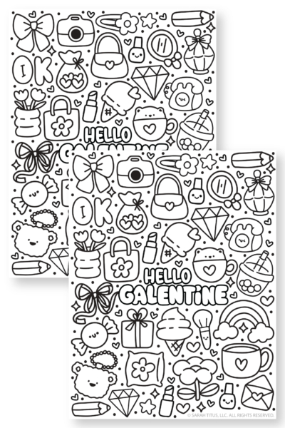 Galentine’s Day coloring sheet printable in black and white with “Hello Galentine” text