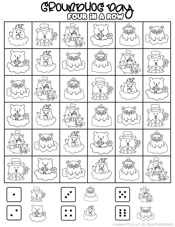 Groundhog Day four in a row printable game board with cute groundhog icons and dice key at the bottom