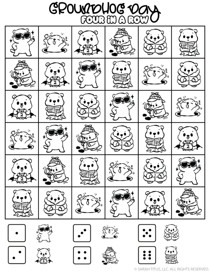 Groundhog Day four in a row game printable with bold groundhog characters (sunglasses, weather report, Feb 2 sign) and dice key