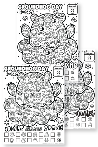 Groundhog Day I Spy printable set preview—shadow prediction plus Winter and Spring I-Spy pages for kids