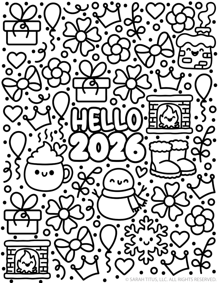Hello 2026 coloring page with big bubble numbers surrounded by cute doodles like bows, balloons, crowns, presents, snowflake, and winter treats.