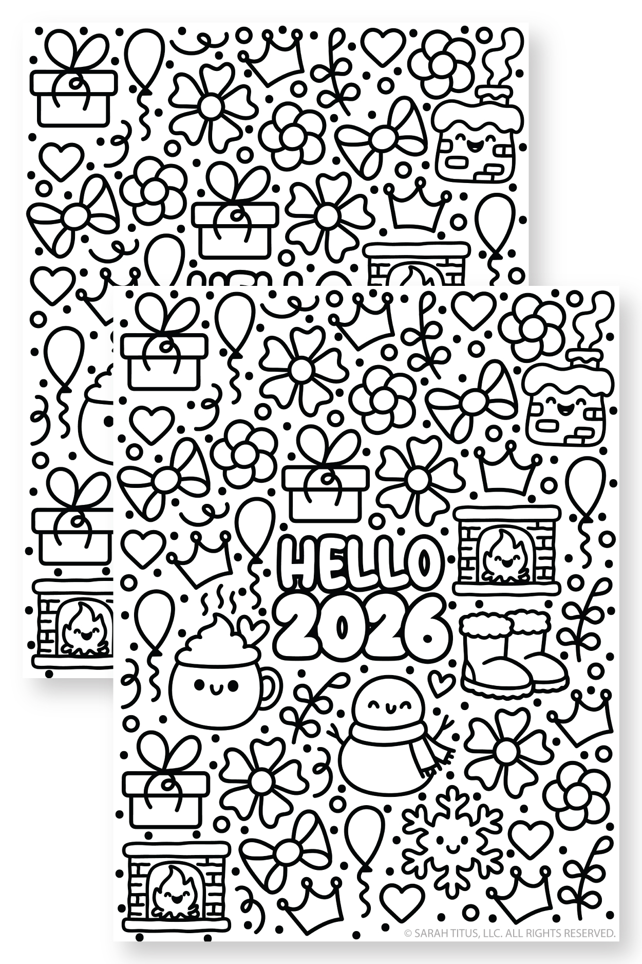 Black-and-white Hello 2026 printable coloring sheet featuring kawaii New Year and winter icons (snowman, fireplace, mug, boots, gifts, confetti).