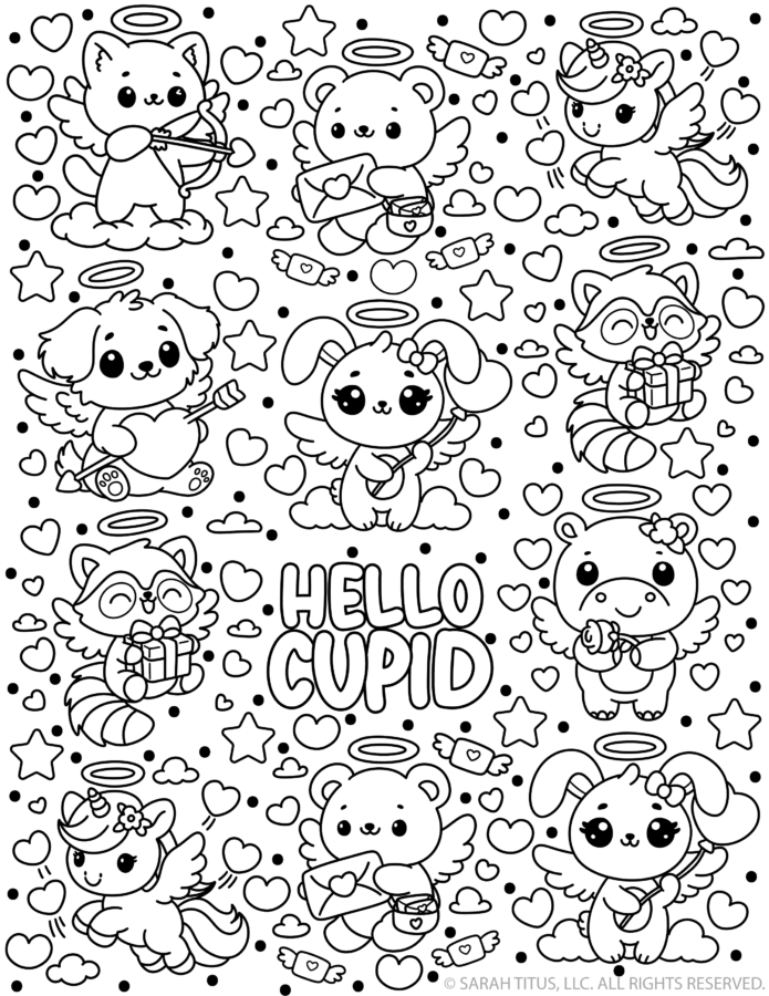 Black and white Hello Cupid coloring page with kawaii cupid animals with halos and wings (cat, bear, bunny, unicorn, raccoon, dog) surrounded by hearts, stars, clouds, and candy.