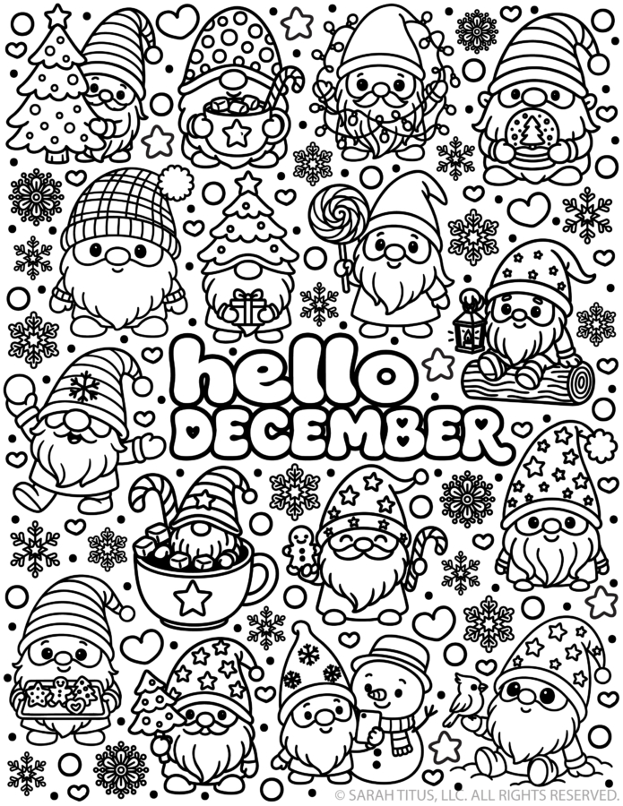 December gnome coloring page featuring cute Christmas gnomes, snowflakes, candy canes, Christmas trees, hot cocoa, gifts, and a snowman around Hello December lettering.