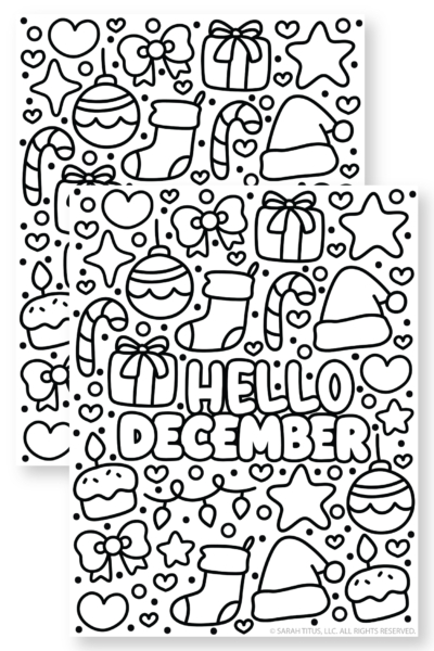 Hello December coloring page with bold bubble letters surrounded by cute Christmas doodles like candy canes, stockings, ornaments, gifts, stars, and hearts.