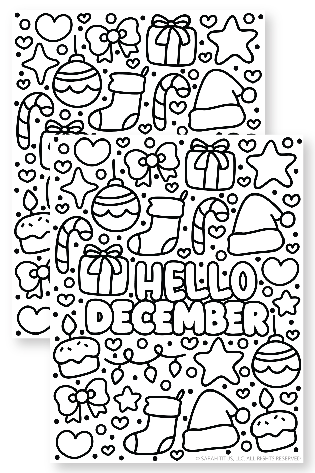 Hello December coloring page with bold bubble letters surrounded by cute Christmas doodles like candy canes, stockings, ornaments, gifts, stars, and hearts.