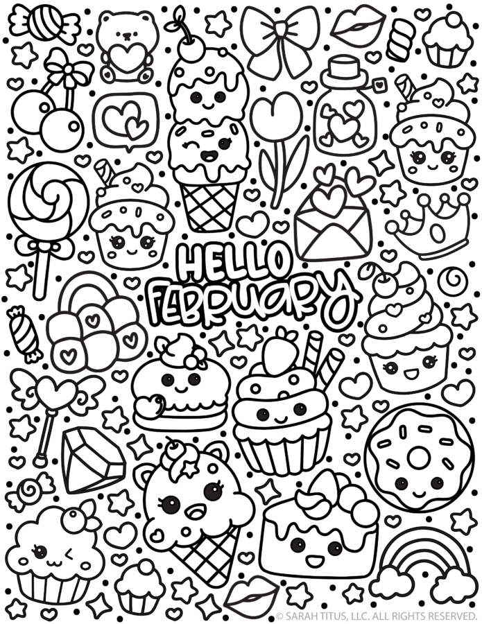 Hello February coloring page printable with kawaii sweet treats, cupcakes, candy, hearts, and doodles (black and white)