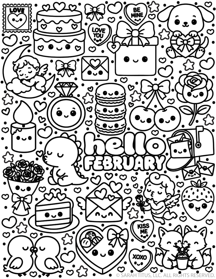 Hello February coloring page featuring cute kawaii Valentine hearts, Cupids, puppy, cake, flowers, love letters, bows, candy hearts, and other February-themed doodles.
