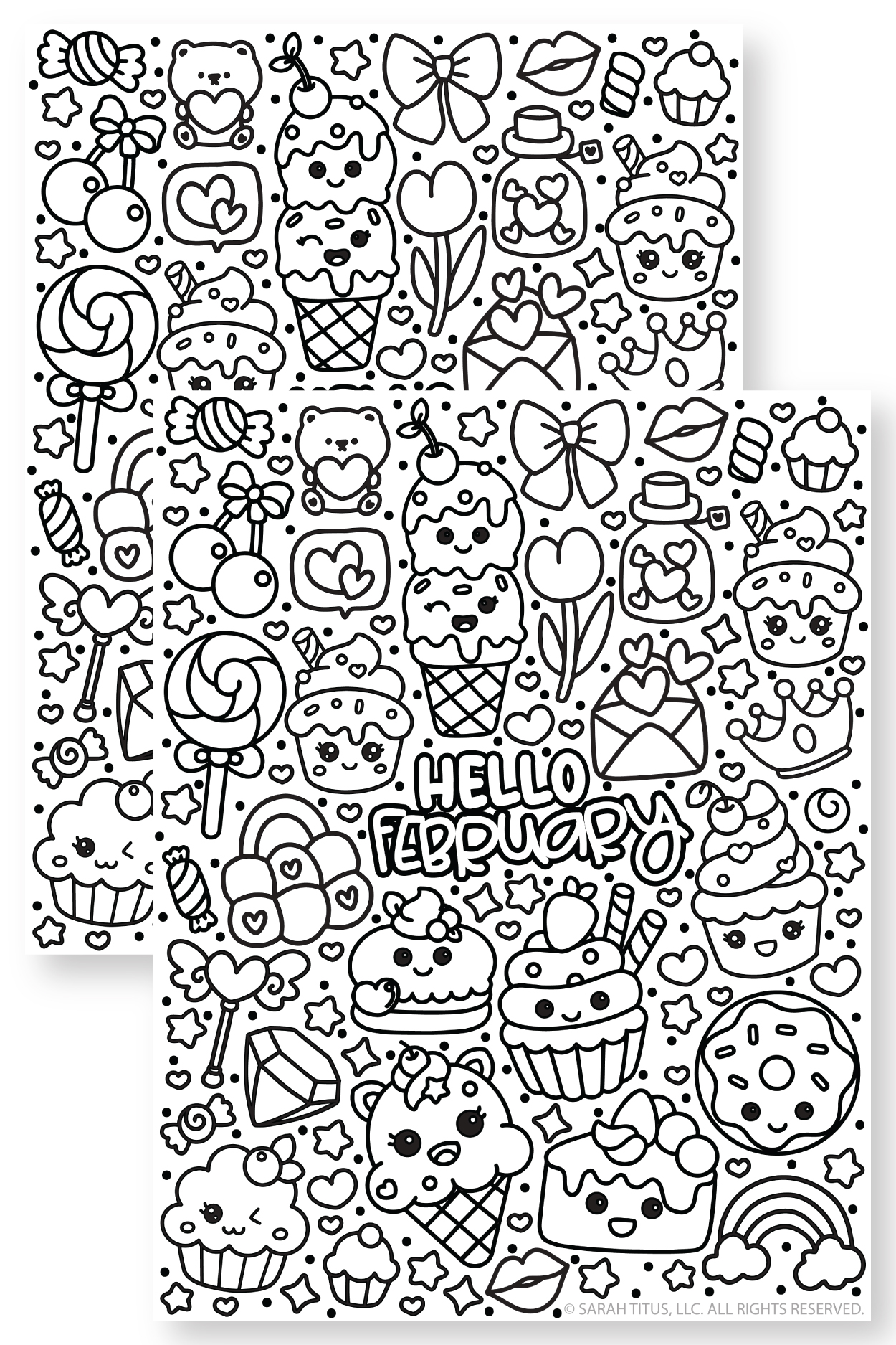 Black-and-white Hello February printable coloring sheet featuring sweet treats and love-themed icons (lollipops, heart envelope, cherries, crown, rainbow) surrounding the words “Hello February.”