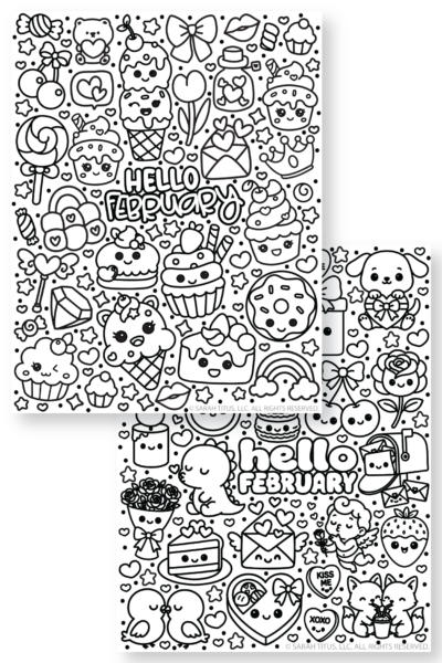 Hello February free printable coloring sheets featuring two cute kawaii February designs with hearts, sweets, cupcakes, love letters, bows, animals, flowers, candy, and Valentine-inspired doodles.