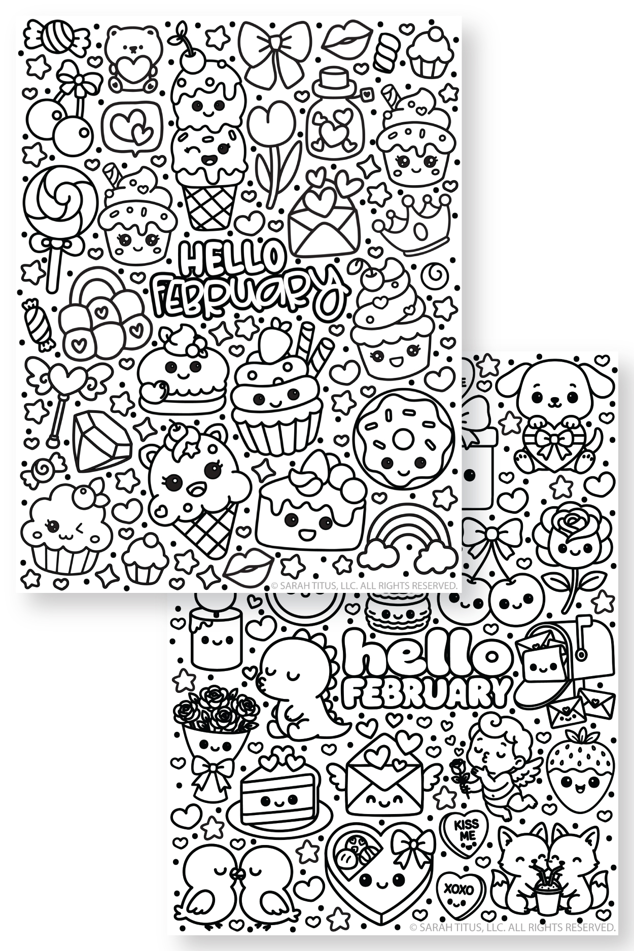 Hello February free printable coloring sheets featuring two cute kawaii February designs with hearts, sweets, cupcakes, love letters, bows, animals, flowers, candy, and Valentine-inspired doodles.