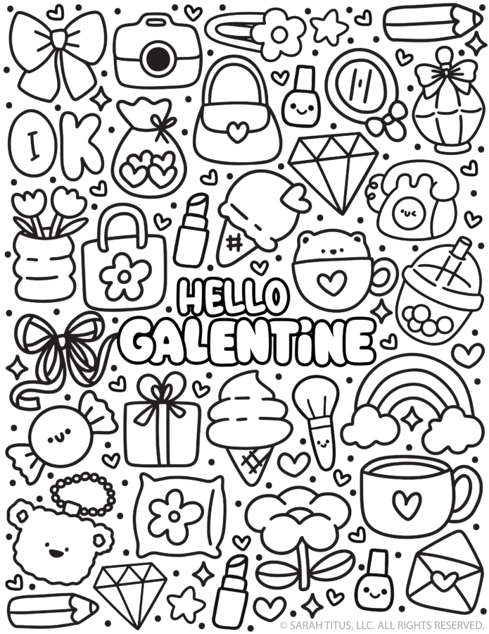 Hello Galentine coloring page free printable with cute doodles and hearts