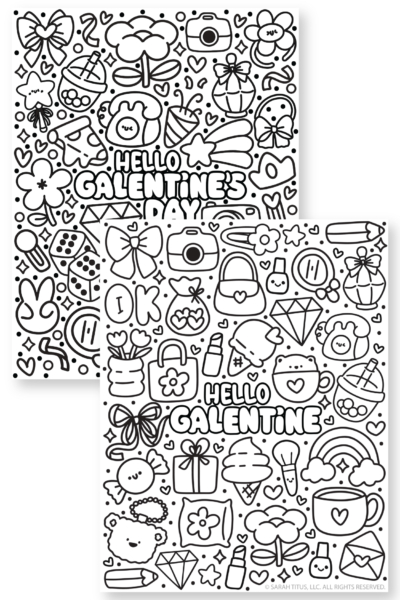 Black and white Hello Galentine coloring page with cute Galentine doodles like coffee, ice cream, gifts, camera, lipstick, purse, hearts, and diamonds.