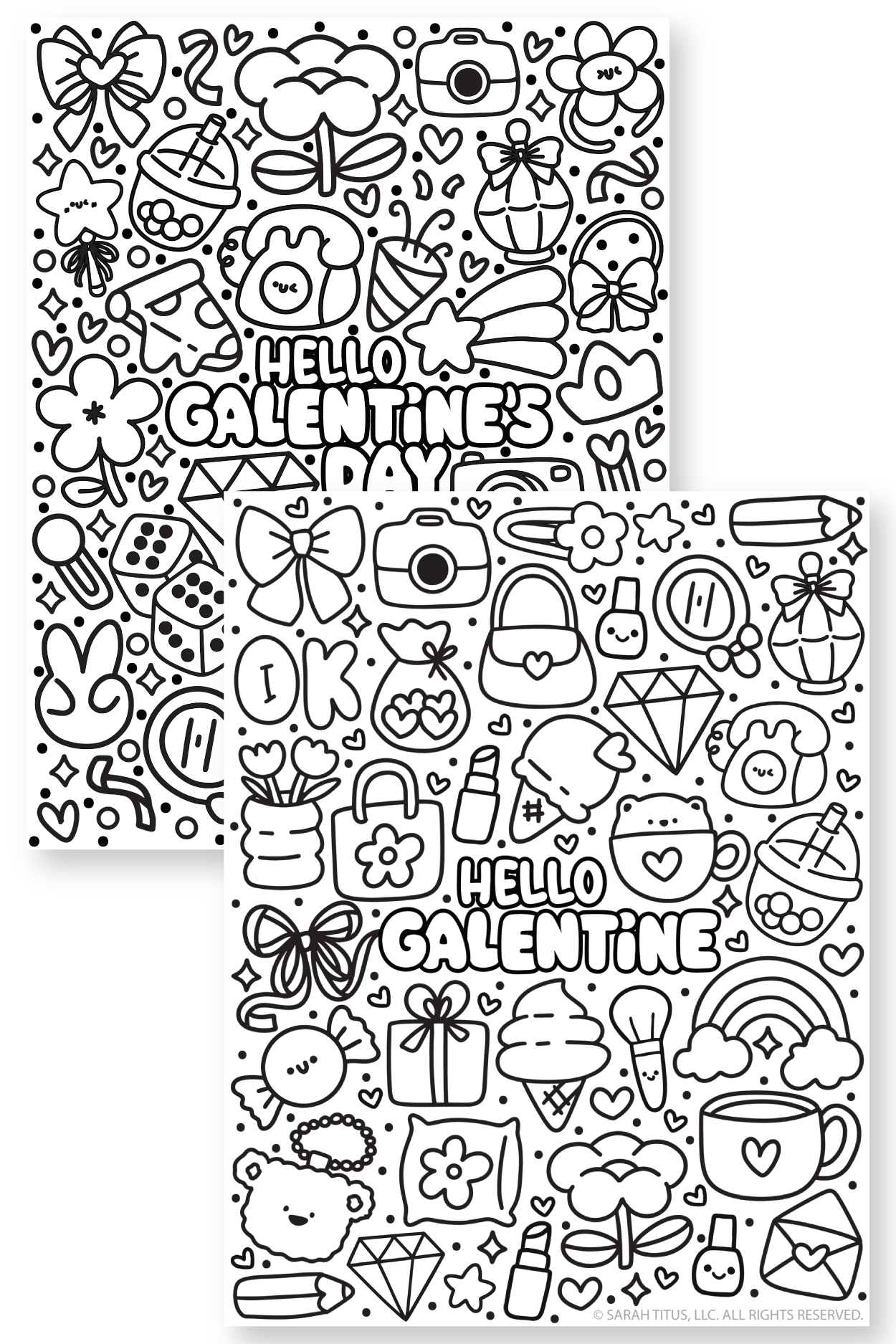 Black and white Hello Galentine coloring page with cute Galentine doodles like coffee, ice cream, gifts, camera, lipstick, purse, hearts, and diamonds.