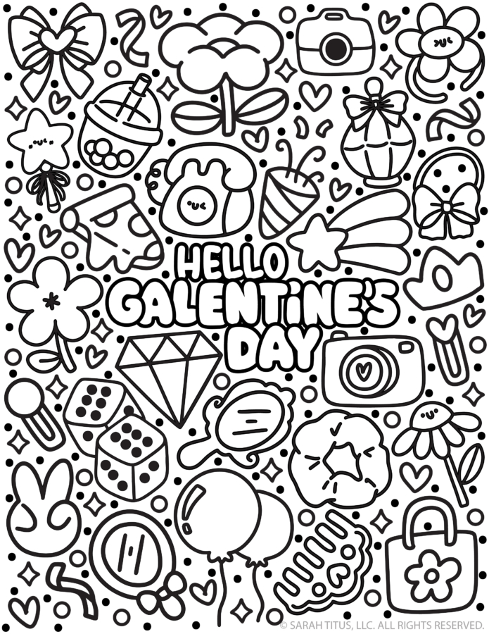 Black and white Hello Galentine’s Day coloring page with kawaii doodles like bows, flowers, camera, purse, makeup, hearts, and diamonds.