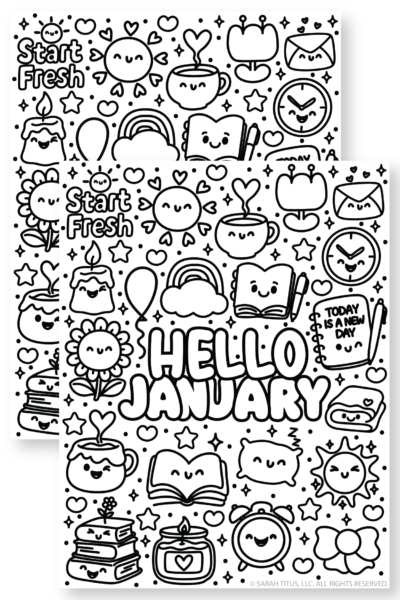 Hello January coloring page with big bubble letters surrounded by cute winter doodles like candles, books, cozy mugs, an alarm clock, stars, hearts, and a rainbow.