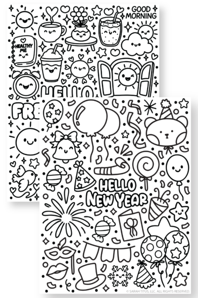 Two cute black-and-white printable coloring pages—“Hello Fresh Start” and “Hello New Year”—with kawaii doodles (sun, drinks, hearts, balloons, fireworks, party hats, confetti).