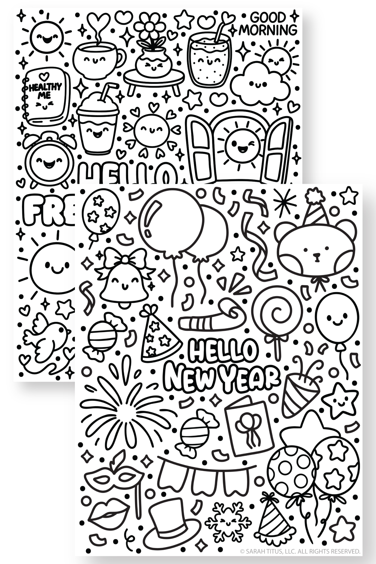 Two cute black-and-white printable coloring pages—“Hello Fresh Start” and “Hello New Year”—with kawaii doodles (sun, drinks, hearts, balloons, fireworks, party hats, confetti).