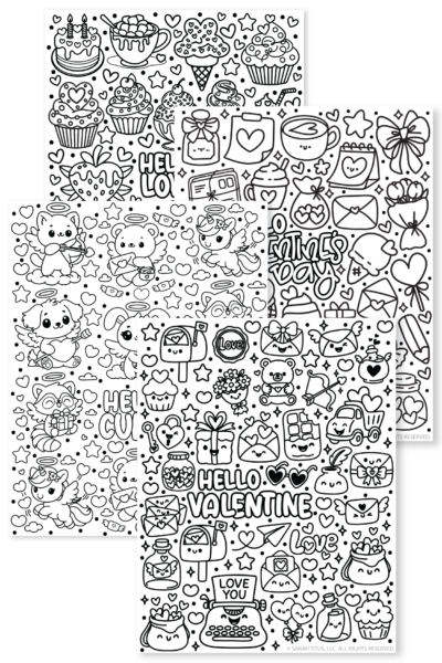 Black and white preview of four cute Valentine coloring pages featuring Hello Love desserts, Hello Cupid kawaii cupid animals, and two Valentine themed doodle pages with hearts, letters, gifts, and sweets.