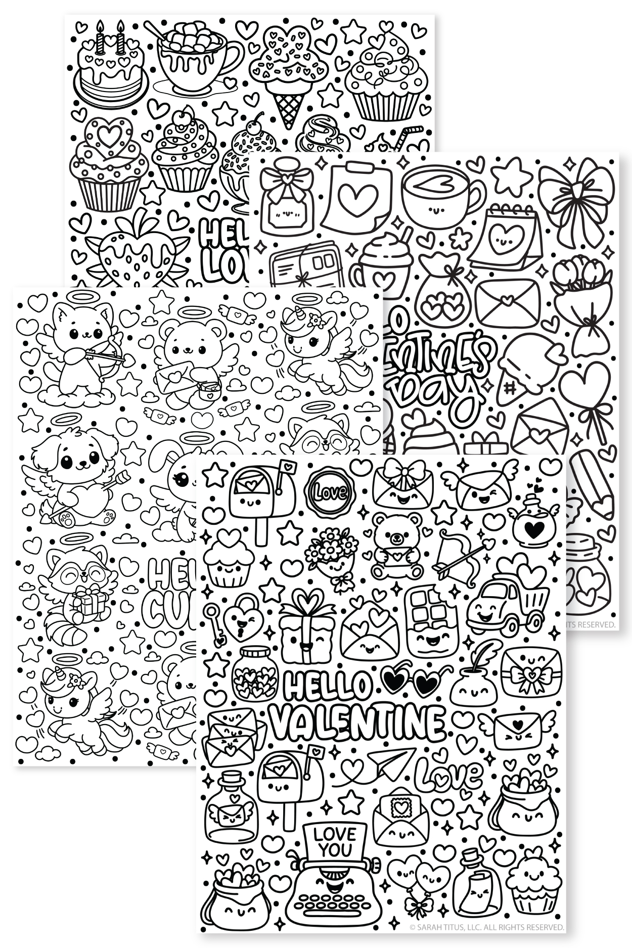 Black and white preview of four cute Valentine coloring pages featuring Hello Love desserts, Hello Cupid kawaii cupid animals, and two Valentine themed doodle pages with hearts, letters, gifts, and sweets.