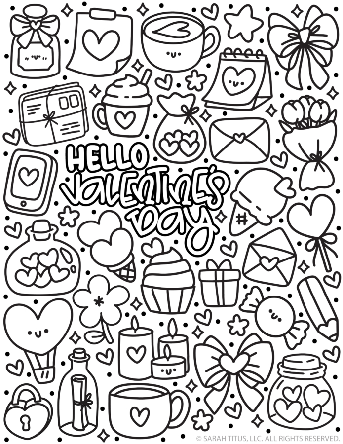 Hello Valentine’s Day coloring page with large hand-lettered text and cozy Valentine doodles—mugs, candles, heart balloons, flowers, candy, and wrapped presents.