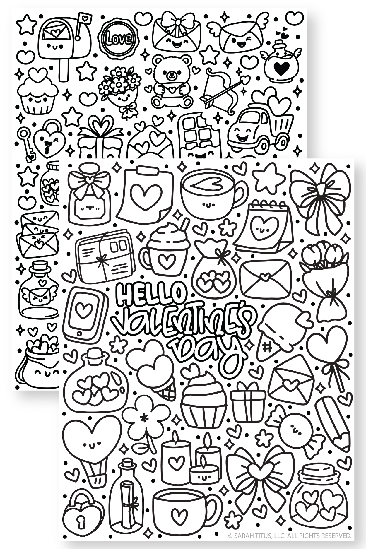 Hello Valentine’s Day coloring page featuring simple love-themed doodles like hot cocoa, candles, flowers, bows, heart envelopes, gifts, phone, and hearts surrounding “Hello Valentine’s Day.”