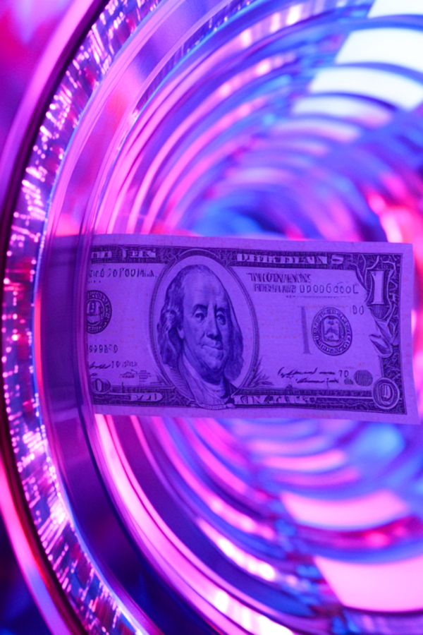 U.S. $1 bill against swirling purple and blue lights, representing paycheck-to-paycheck financial stress.