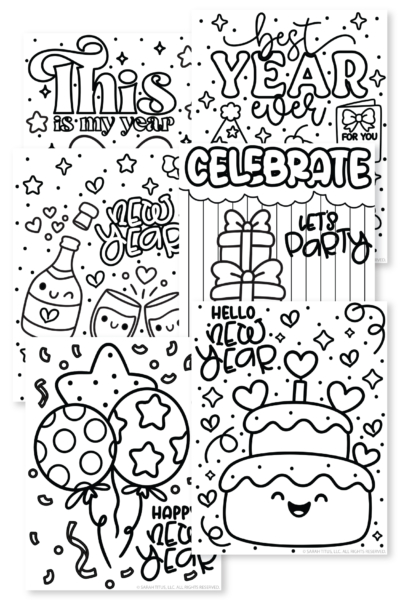 New Year’s coloring page with star balloon, polka dot balloons, confetti, and the words happy new year.