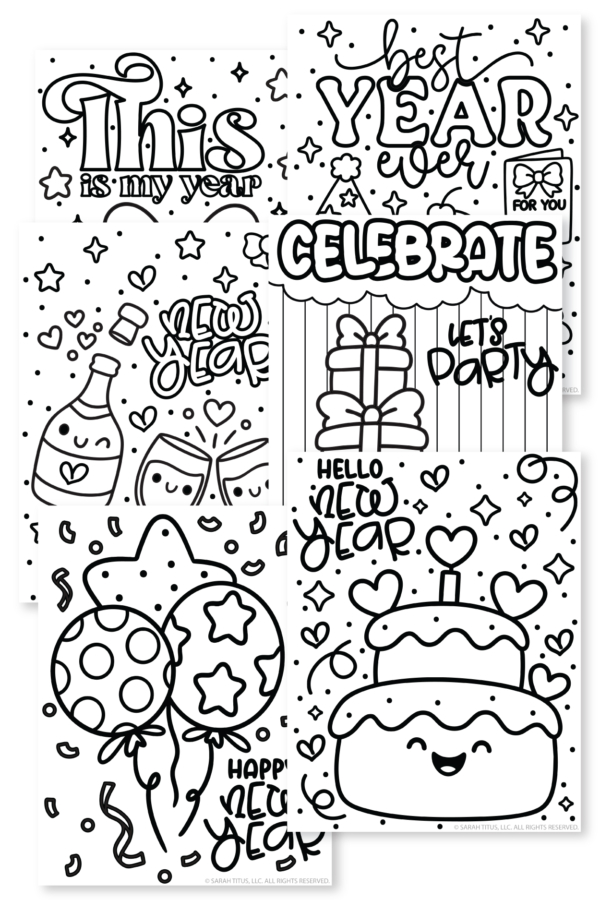 New Year’s coloring page with star balloon, polka dot balloons, confetti, and the words happy new year.
