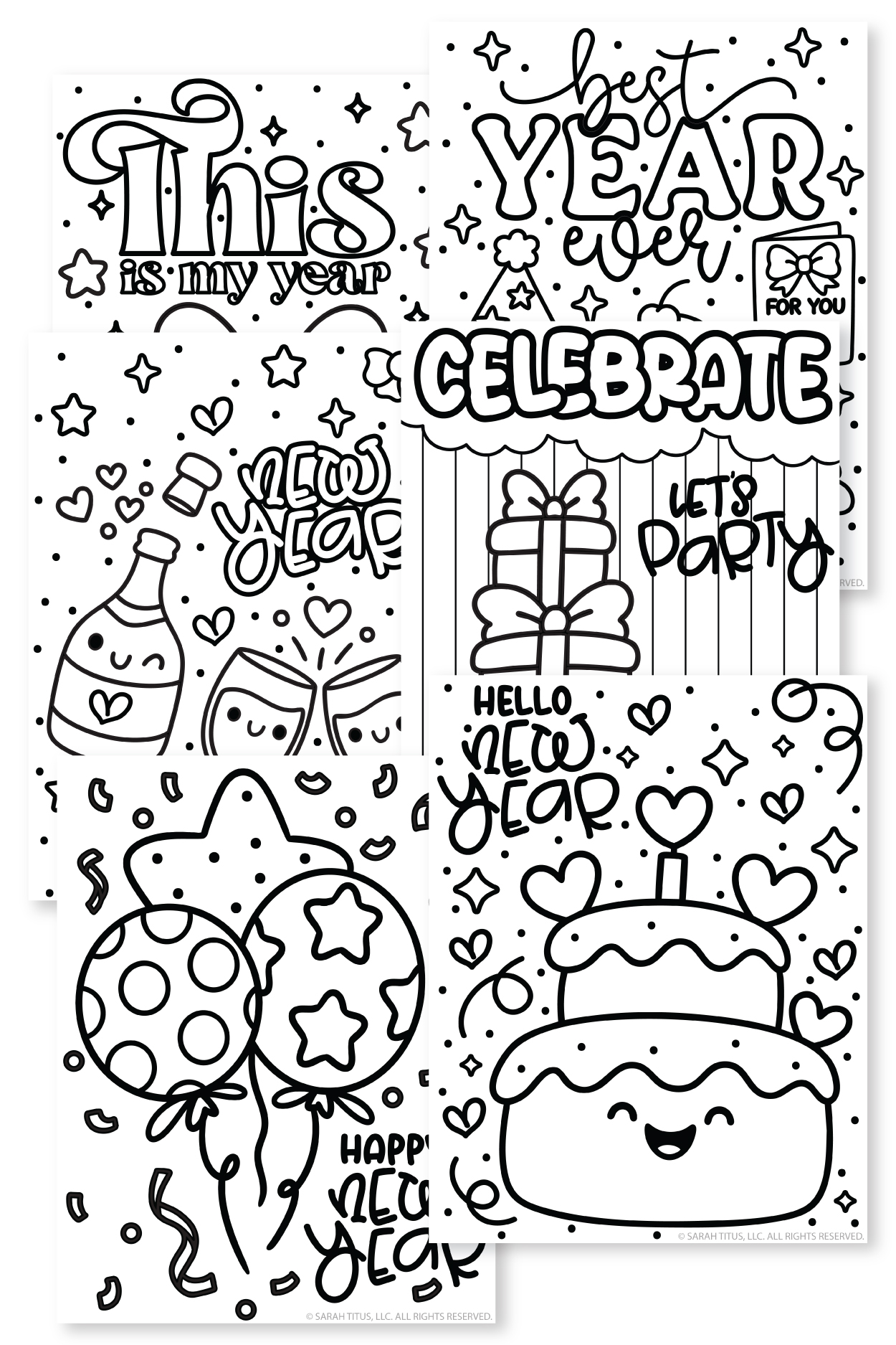 New Year’s coloring page with star balloon, polka dot balloons, confetti, and the words happy new year.
