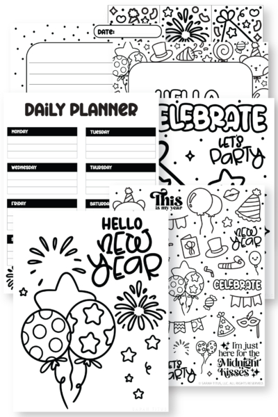 Super cute coloring New Year’s daily planner printable with party-themed pages, balloons, and goal-planning layout