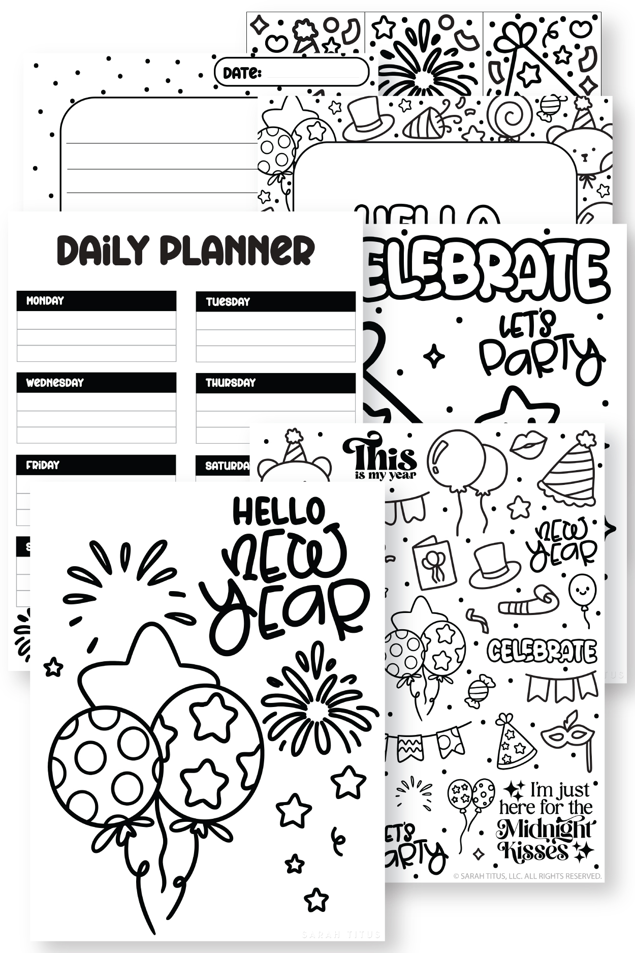 Super cute coloring New Year’s daily planner printable with party-themed pages, balloons, and goal-planning layout