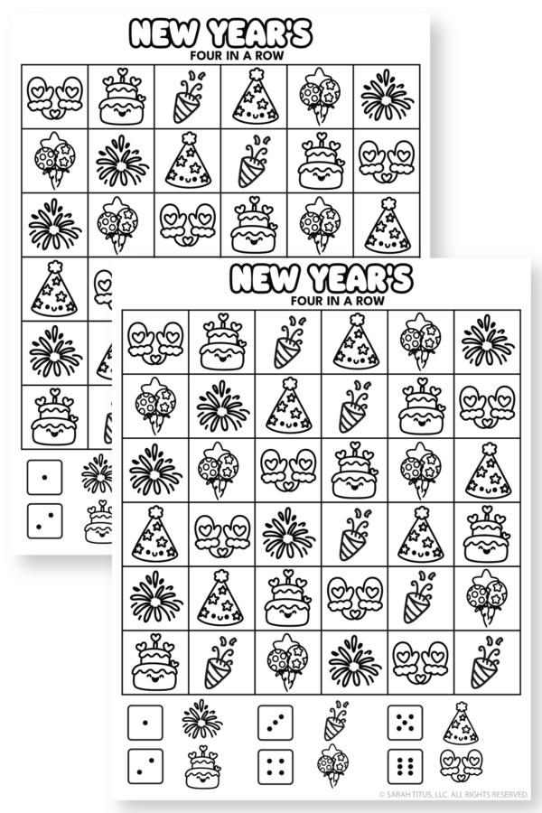 Printable New Year’s four-in-a-row dice game for kids featuring cute party icons and matching number cubes.