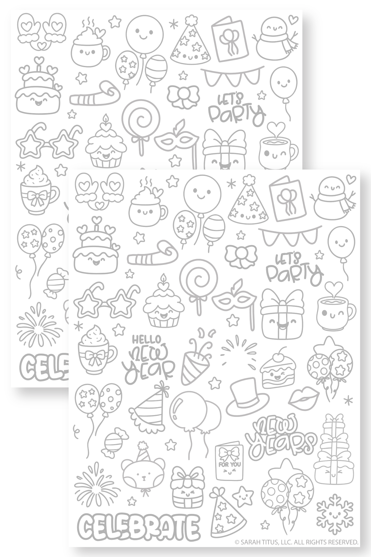 New Year’s hand lettering doodle practice sheet with cute party icons, balloons, and festive words to trace.