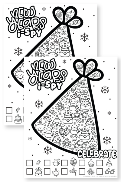 New Year’s I-Spy printable with giant party hat filled with kawaii cupcakes, snowmen, balloons, and party icons to find.