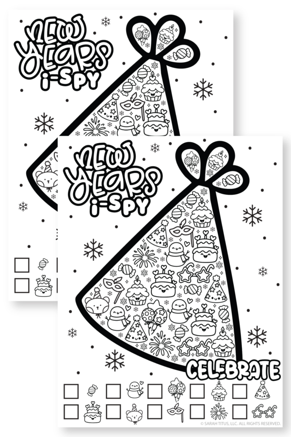 New Year’s I-Spy printable with giant party hat filled with kawaii cupcakes, snowmen, balloons, and party icons to find.