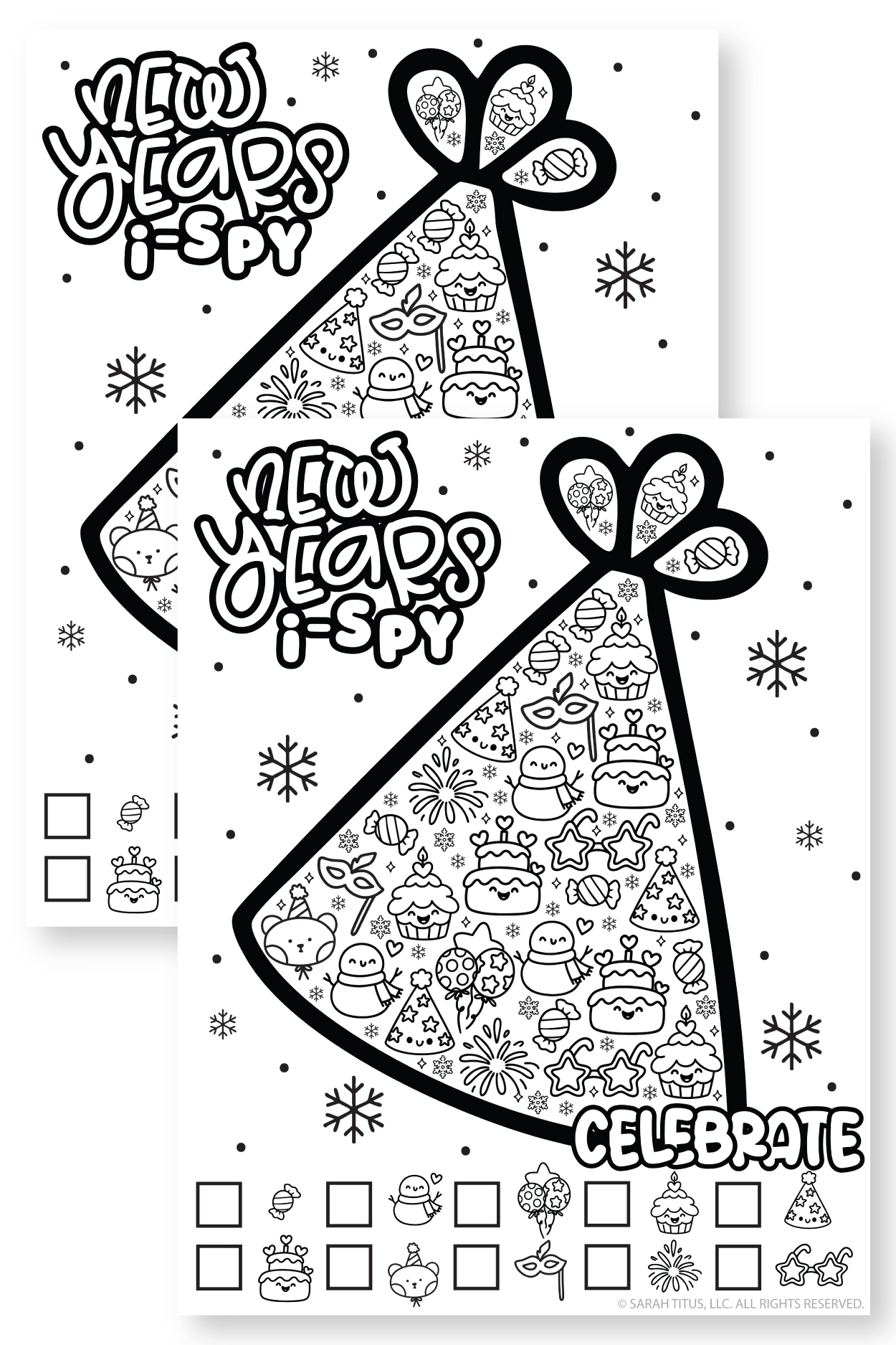 New Year’s I-Spy printable with giant party hat filled with kawaii cupcakes, snowmen, balloons, and party icons to find.
