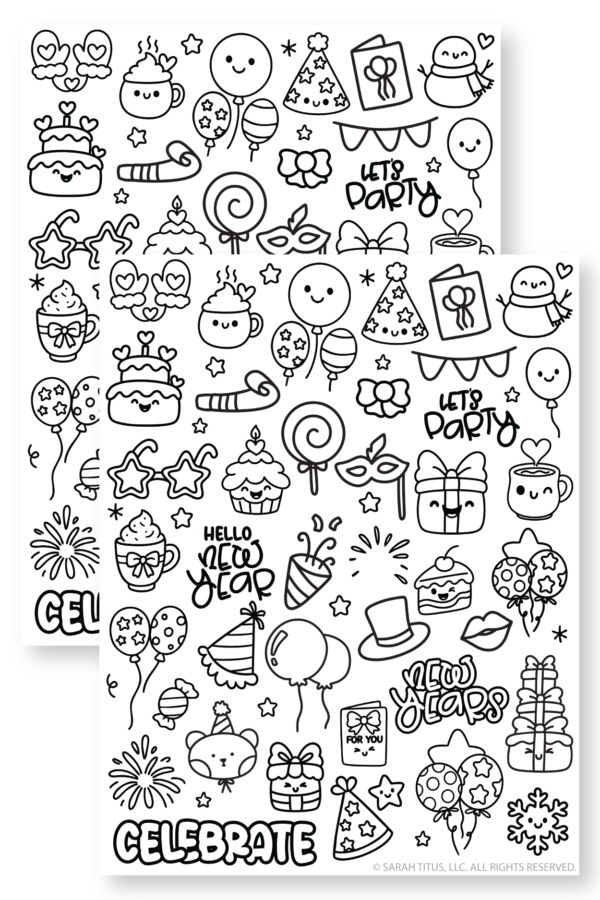 Cute New Year doodle page featuring presents, fireworks, banners, and phrases like hello new year and celebrate.
