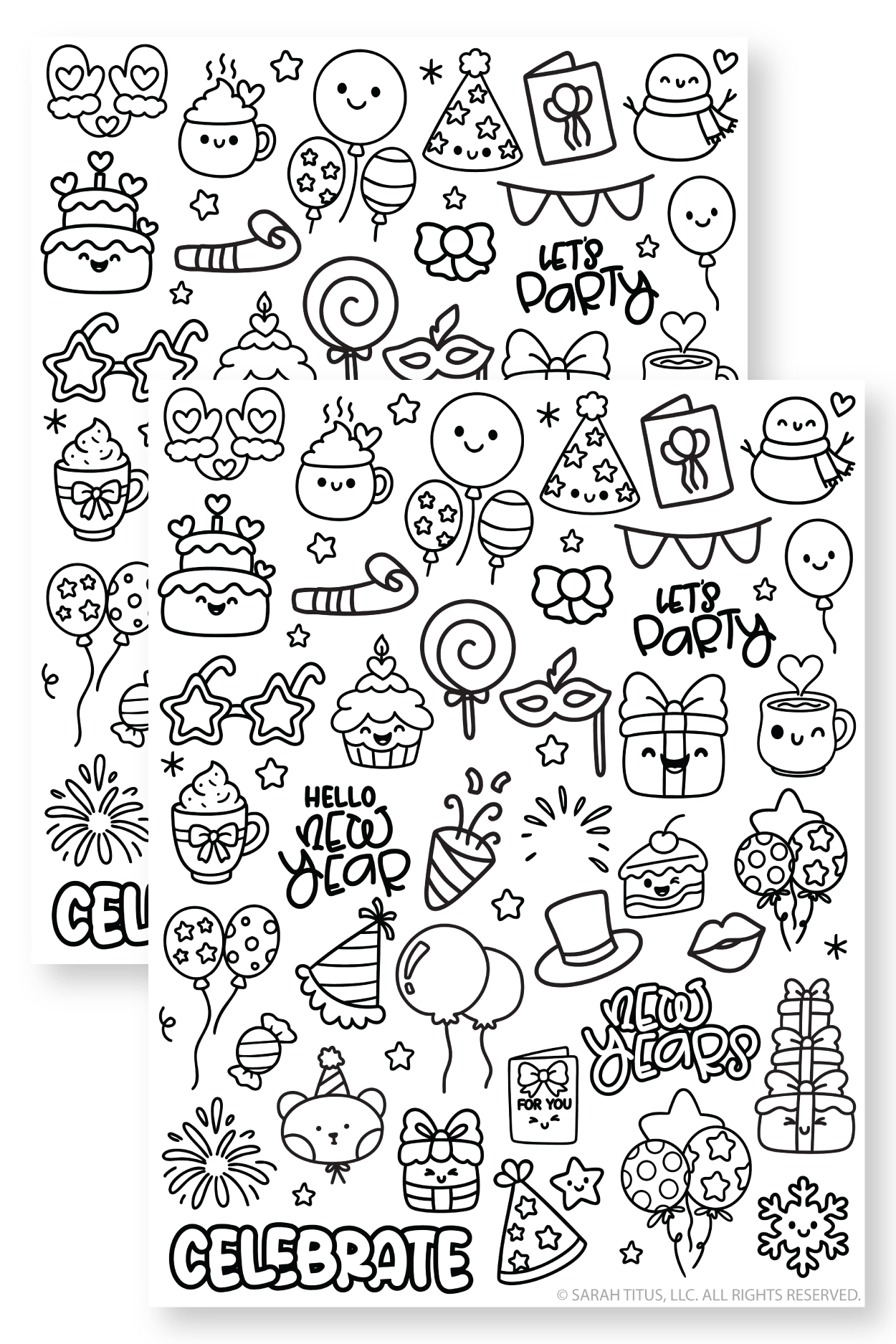 Cute New Year doodle page featuring presents, fireworks, banners, and phrases like hello new year and celebrate.