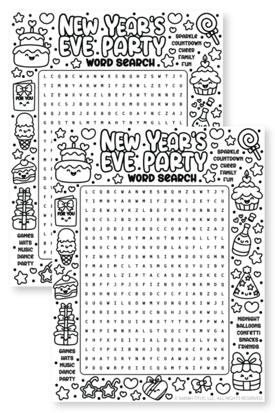 Black and white New Year’s Eve word search game for kids featuring party words like midnight, balloons, confetti, and friends.