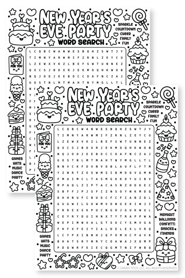 Black and white New Year’s Eve word search game for kids featuring party words like midnight, balloons, confetti, and friends.