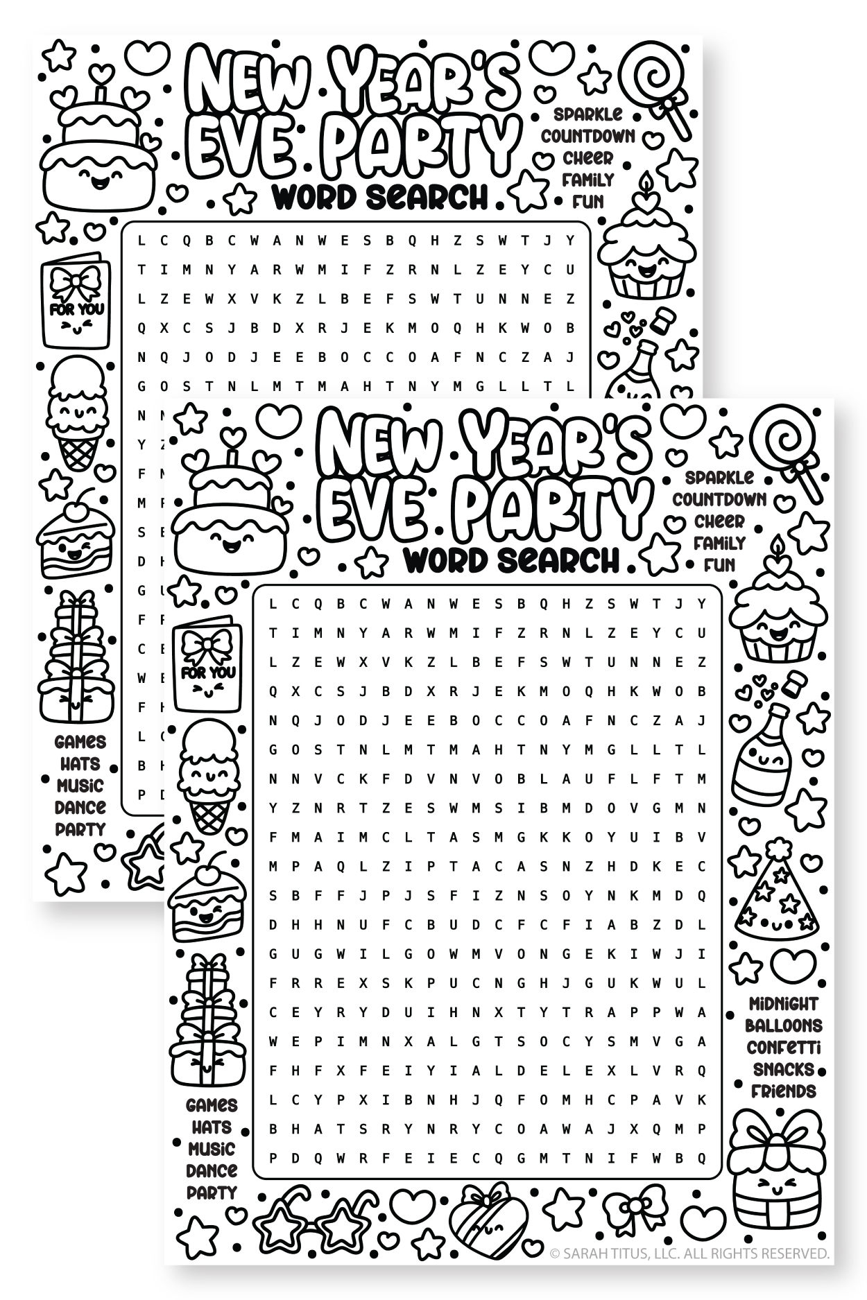 Black and white New Year’s Eve word search game for kids featuring party words like midnight, balloons, confetti, and friends.