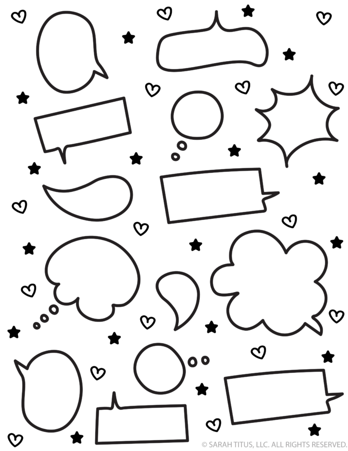 Black and white printable sticker sheet of doodle speech bubbles, thought bubbles, hearts, and stars.